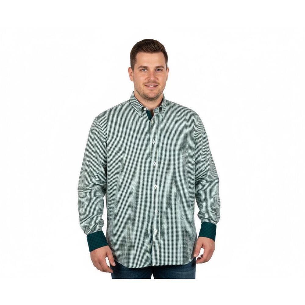 Quieti Mens XXL Plaid Button Down Shirt Fine Cotton Long Sleeve Green White 2XL